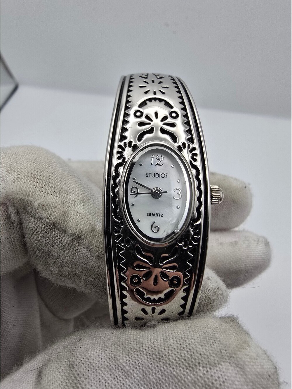 Studio Time Women's Quartz Cuff Bangle Watch MOP Oval Dial Silver Tone